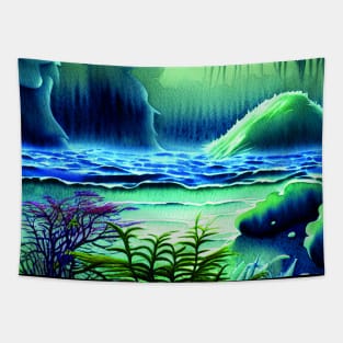 Magical Landscape Painting featuring Sea and Purple Plants, Scenery Nature Tapestry