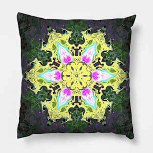 Psychedelic Kaleidoscope Flower Yellow and Pink Pillow