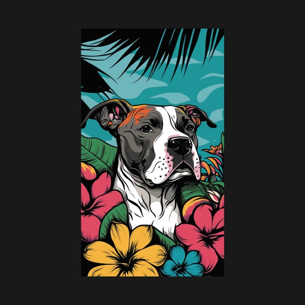 American Staffordshire Terrier PitBull Dog Vibrant Tropical Flower Tall Retro Vintage Digital Pop Art Portrait by ArtHouseFlunky