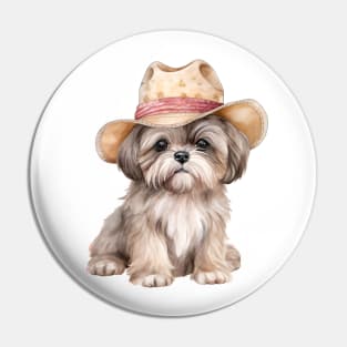 Watercolor Shih Tzu Dog in Straw Hat Pin