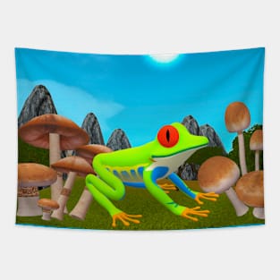 Cute Frog In A Mushroom Garden - 3D Animated y2k 2000s Computer Look Tapestry