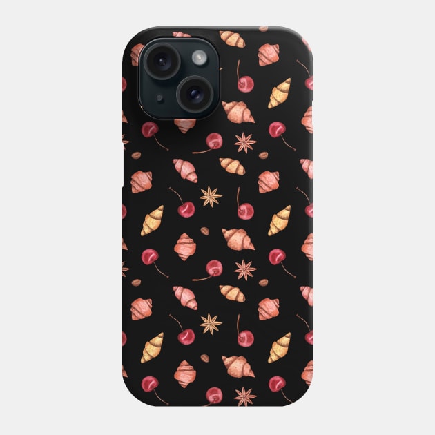 Mini croissants and cherries on black Phone Case by Flowersforbear