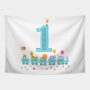 Happy first birthday colorful balloon and train with animal Tapestry