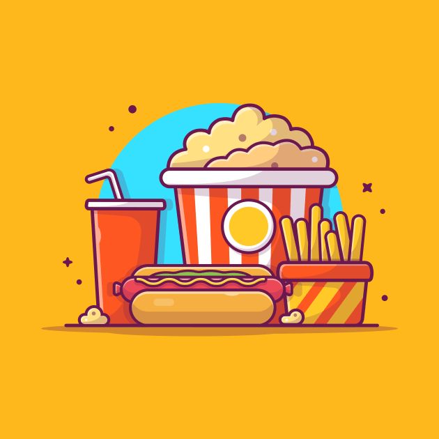 Tasty Combo Menu Hotdog with Popcorn, Soda and French Fries Cartoon Vector Icon Illustration by Catalyst Labs