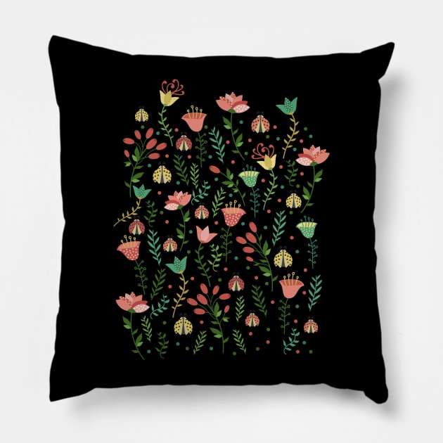 Flowers and ladybugs Pillow by JuliaBadeeva