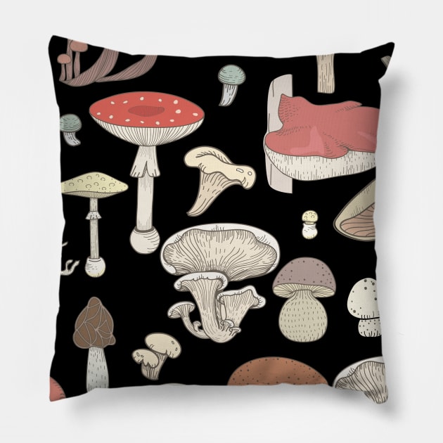 Vintage wild mushrooms fungi variety Pillow by dirtybotany