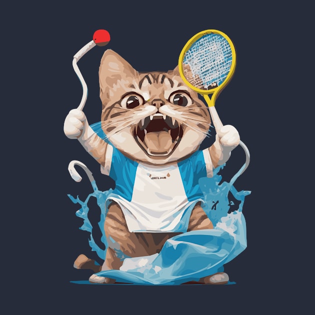 Funny angry cat playing tennis by Sparkling Art