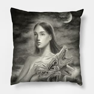 Girl and Wolves Under Moonlight Pillow