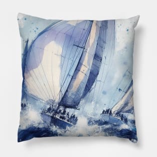 Sailboat race illustration in shades of blue Pillow