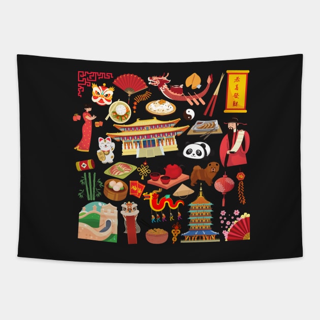 China Travel Icons Tapestry by FancyPlanet