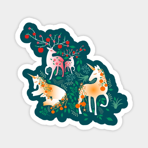 Once Upon a Time- Mystical Woodland with Apple Deers and Orange Unicorns Magnet by Winkeltriple