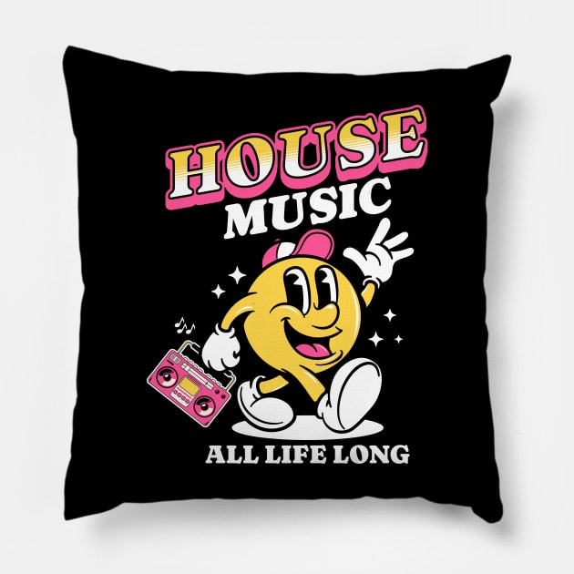 HOUSE MUSIC  - Retro Mascot All Life Long (white/pink) Pillow by DISCOTHREADZ 