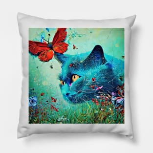 Blue cat and butterfly Pillow