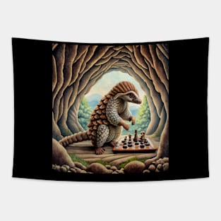 Pangolin playing chess inside cave Tapestry