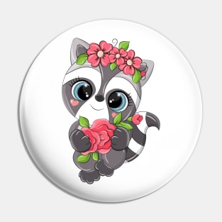 Cheerful raccoon with a bouquet of flowers Pin