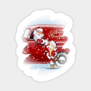 Cartoon retro Christmas van with Santa Claus Magnet