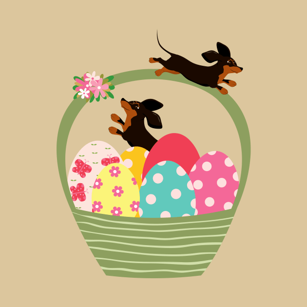 Dachshund Dog with Easter Eggs in Basket by Seasonal Dogs