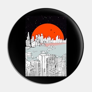 Vintage style alien planet city skyline - orange blue black Pin