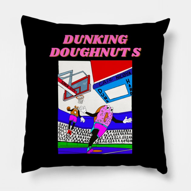 Dunking Doughnuts Pillow by Space City Nicoya