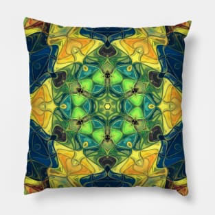 Mosaic Mandala Flower Green Yellow and Blue Pillow