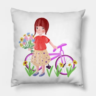 cartoon girl with a bicycle and a bouquet of wildflowers Pillow