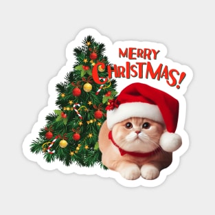 Cute Brown Cat in Santa hat with Christmas tree ,Brafdesign Magnet