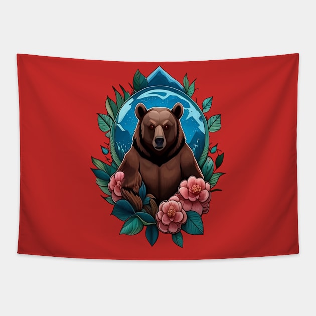 Black Bear Surrounded by Camellia Alabama State Tapestry by taiche