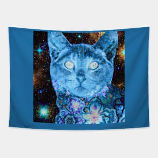 Blue Cosmos Kitty Batik Pattern Tapestry