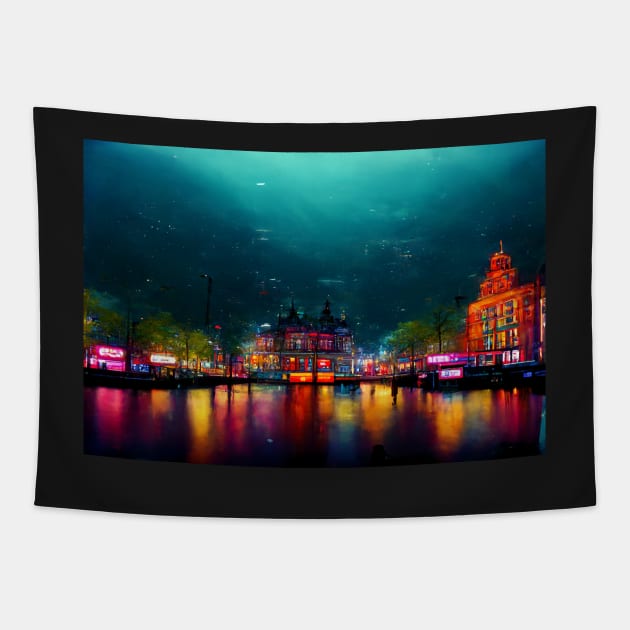 Neon Amsterdam City Skyline In Neonlight / Amsterdam City silhouette Tapestry by Unwind-Art-Work