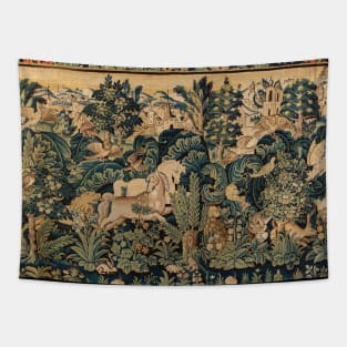 FANTASTIC ANIMALS AND HORSES IN WOODLAND Blue Green Ivory Antique French Tapestry Tapestry