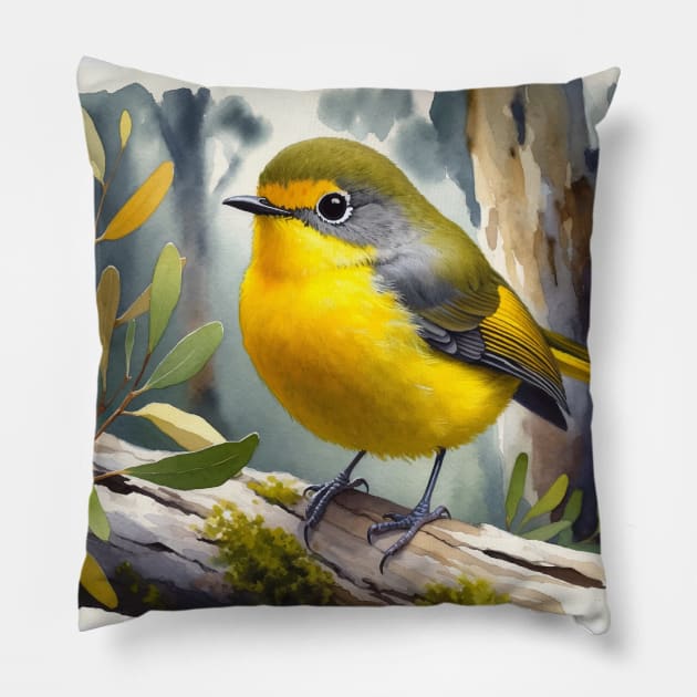 Colorful Eastern Yellow Robin - Watercolor Bird Pillow by Aquarelle Impressions