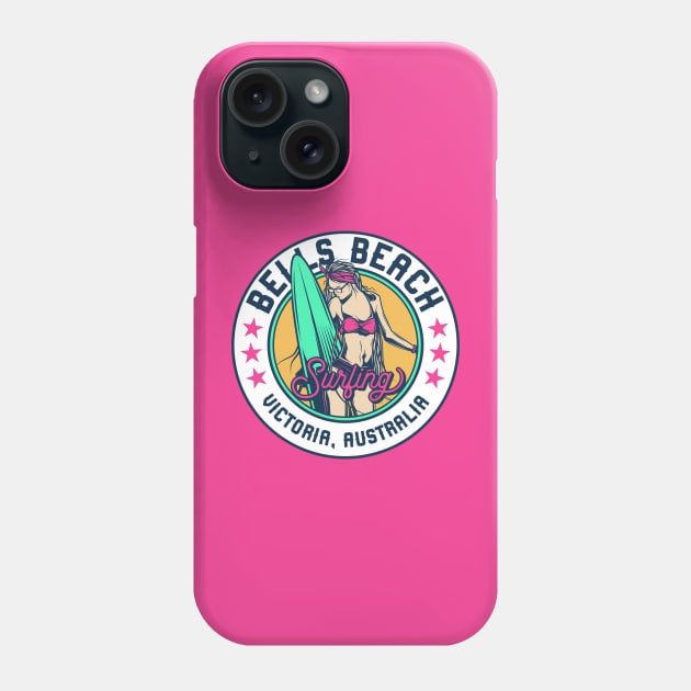 Retro Surfer Babe Badge Bells Beach Victoria, Australia Phone Case by Now Boarding