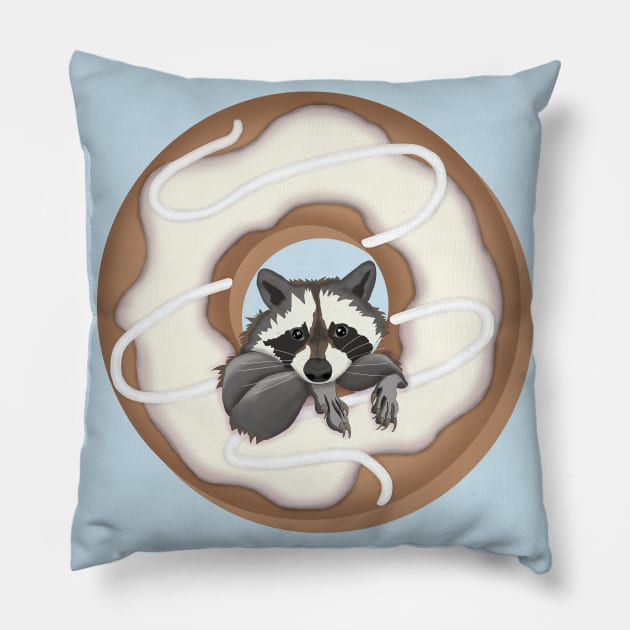 Cute raccoon and Yummy donut with white glaze Pillow by KateQR