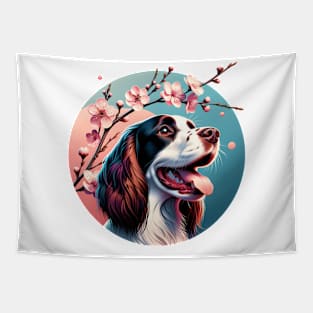 Joyful English Springer Spaniel with Spring Cherry Blossoms Tapestry