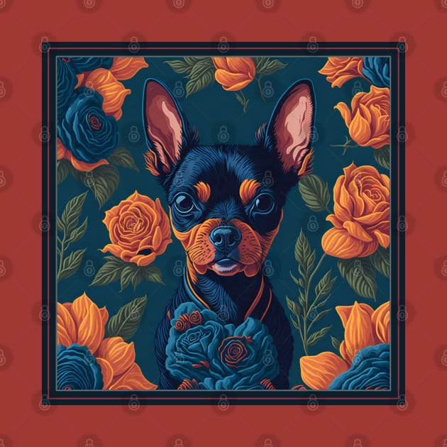 Dogs, Toy Terrier and flowers, dog, seamless print, style vector (red flowers Toy Terrier 3 version) by xlhombat