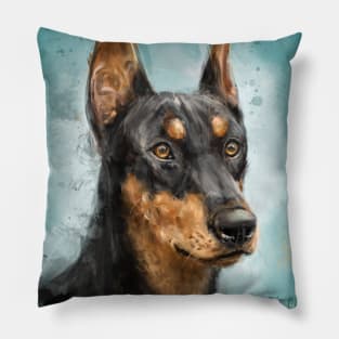 Contemporary Painting of a Black and Gold Doberman Pinscher on Blue Background Pillow