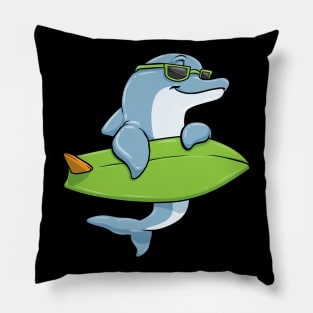 Dolphin with sunglasses as surfer with surfboard Pillow