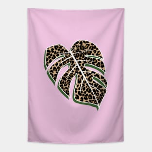 Leopard Print, Monstera Leaf, on Pink Tapestry