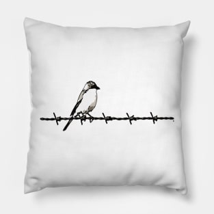 Minimalist Bird On Barbed Wire Black and White Illustration Pillow