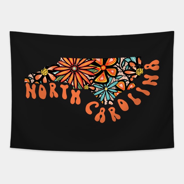 North Carolina State Design | Artist Designed Illustration Featuring North Carolina State Outline Filled With Retro Flowers with Retro Hand-Lettering Tapestry by MarcyBrennanArt