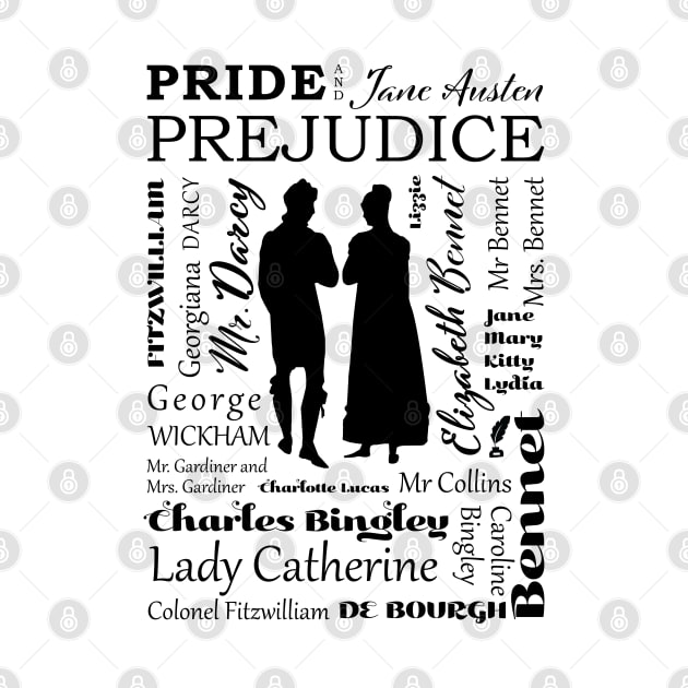 Pride and Prejudice Characters Typography Design - Black and White by MariOyama