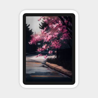 Whispering Blossoms: Cherry Tree by the Road Magnet