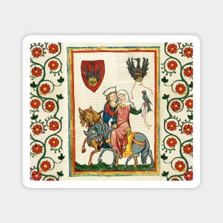 LOVERS ON HORSEBACK WITH FALCON , MEDIEVAL MINIATURE WITH WILD ROSES Magnet