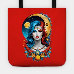 Celestial Harmony: Woman in Sun and Moon Fusion Tote