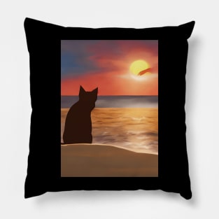 Cute Cat Watching Sunset Scene Pillow