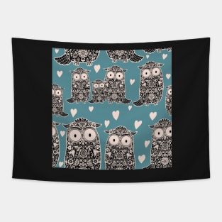 Folk Art Owls, Owlets and Hearts  Pattern on Teal Tapestry