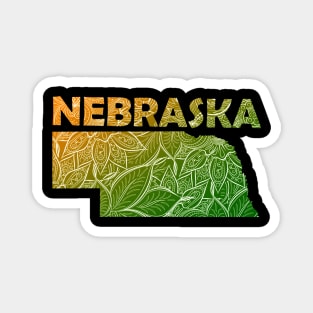 Colorful mandala art map of Nebraska with text in green and orange Magnet