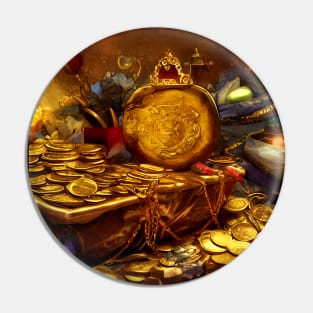 Gold Coins in Dungeon Dragon Treasure Chest Fantasy Art Pin