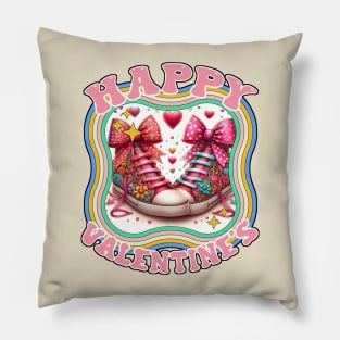 Happy Valentine's Unity: Colorful Sneakers in Romance - White, Red, Yellow, Blue Pillow