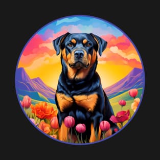 Cute Colorful Rottweiler Colorful Flower Mountain Sunset Puppy Dog T-Shirt